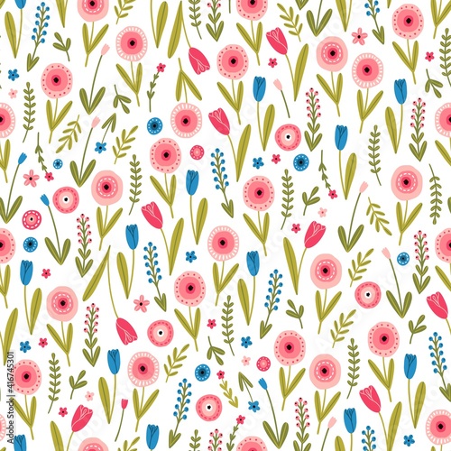 Floral background. Seamless pattern with small cute flowers on white background.