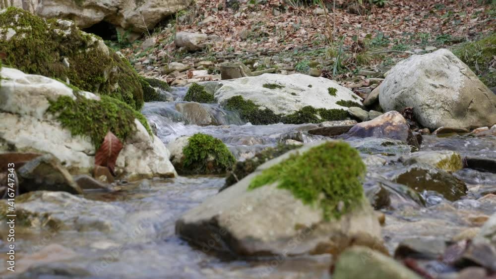 Purest mountain creek in the forest. Stream of water moves between the stones covered with moss. Small river with rocks. Idyllic green scenery with small river. Nature background series Purest mountain creek in the forest. Stream of water moves between the stones covered with moss. Small river with rocks. Idyllic green scenery with small river. Nature background series