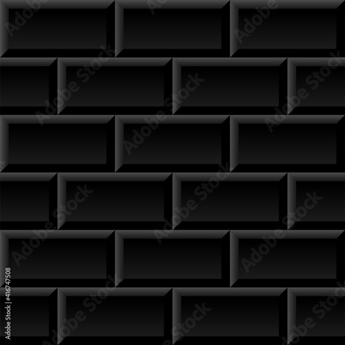Black metro tiles seamless background. Subway brick pattern for kitchen, bathroom or outdoor architecture vector illustration. Glossy building interior design tiled material