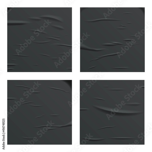 Glued black square paper sheets set isolated on white background. Vector realistic crumpled posters bundle. Wet greased wrinkles blank template texture. Empty advertising column mockup for design.