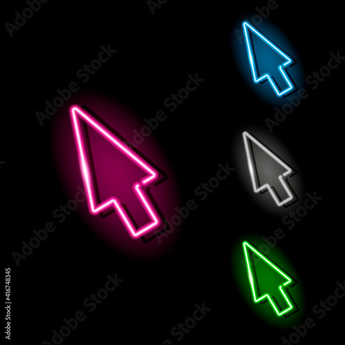 Neon cursor icon. Set of computer mouse arrow pointer in four different colours isolated on black background. Web, internet, direction concept. Night signboard style. Vector 10 EPS illustration.