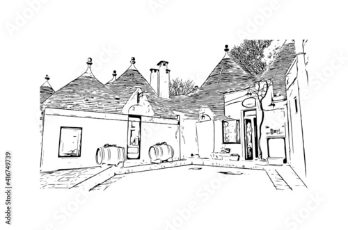 Building view with landmark of Alberobello is a town in Italy. Hand drawn sketch illustration in vector.