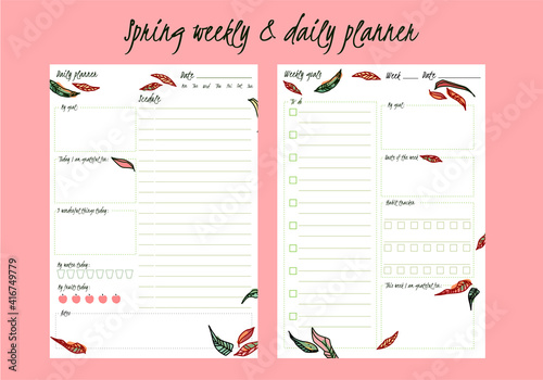 Weekly planner vector template. Concept for diary or notebook design. Seasonal organiser set. To do list