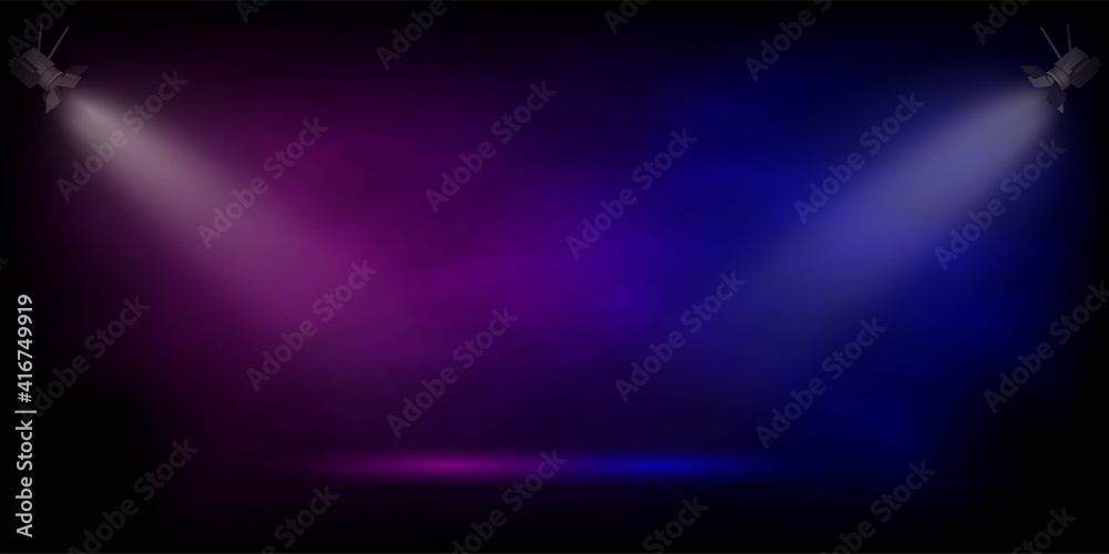 Stage in pink and blue fog spotlight. Light fom projectors lighting ...