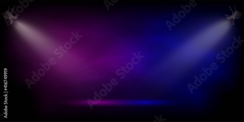 Stage in pink and blue fog spotlight. Light fom projectors lighting scene on black background. Interior fashion design vector illustration. Empty minimal colorful lighting