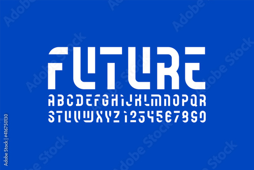 Cropped font, condensed bold urban stencil alphabet, modern geometric modular uppercase letters and numbers, vector illustration 10EPS