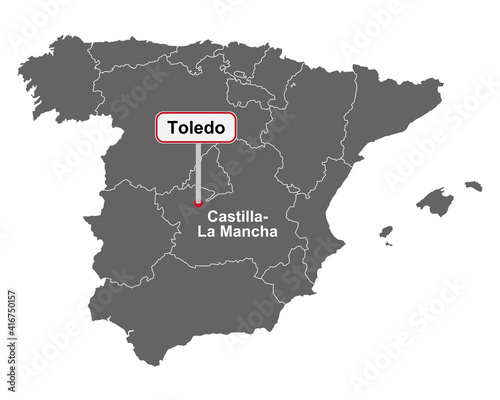 Landkarte von Spanien mit Ortsschild von Toledo © lantapix