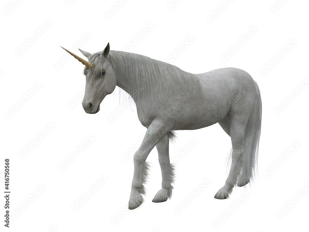 White unicorn walking. Fairytale creature 3d illustration isolated on white background.