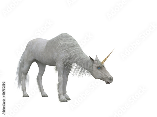 White unicorn with head bowed down in greeting. Fairytale creature 3d illustration isolated on white background. © IG Digital Arts
