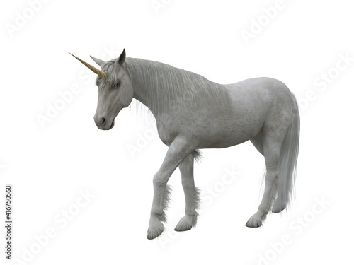 White unicorn walking. Fairytale creature 3d illustration isolated on white background. © IG Digital Arts