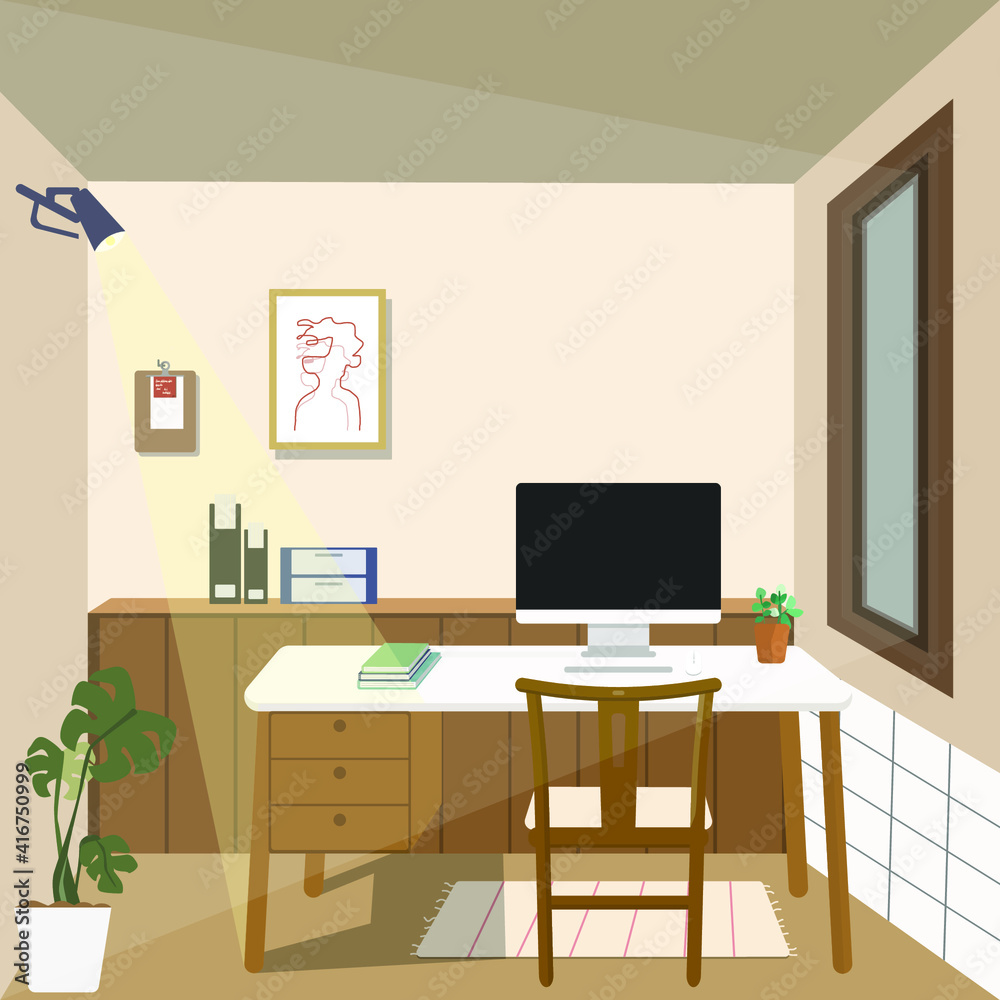 Workplace with Computer, book, tree pot, on table and brown wooden chair, furniture built-in and wood frame decorative, wall is cream color Minimalist Japanese interior design Flat illustration vector Workplace with Computer, book, tree pot, on table and brown wooden chair, furniture built-in and wood frame decorative, wall is cream color Minimalist Japanese interior design Flat illustration vector