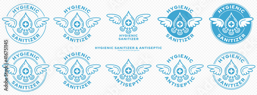Conceptual marks for product packaging. Marking - hygienic sanitizer or antiseptic. A brand with wings and a molecule icon - a symbol of the medical destruction of bacteria. Vector