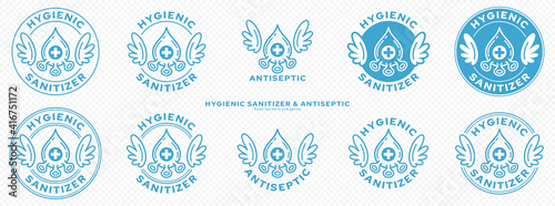Conceptual marks for product packaging. Marking - hygienic sanitizer or antiseptic. A brand with wings and a molecule icon - a symbol of the medical destruction of bacteria. Vector