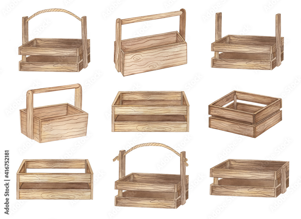 Watercolor set of hand drawing wooden box Watercolor set of hand drawing wooden box
