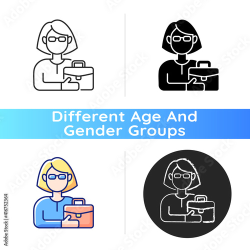 Female adult icon. Middle-aged woman. 35-40 years old. Adulthood period. Mentally, sexually mature. Fully developed, grown-up person. Linear black and RGB color styles. Isolated vector illustrations
