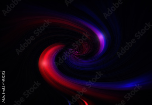 Abstract dark swirl background with red, blue and purple lines. Blurred and dynamic spiral background.