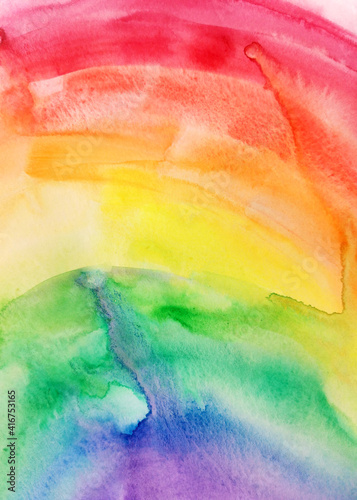 Watercolor rainbow sky background. Texture brush paint drawing. Artistic colorful vibrant fabric design. Kids textile happiness concept bright color illustration
