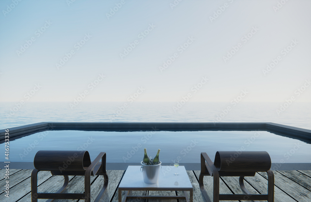 3d rendering . Wine glasses and wine bottles are placed on the table with seats. Pool side sea view. 3d rendering . Wine glasses and wine bottles are placed on the table with seats. Pool side sea view.