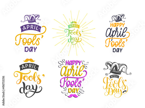 Fools day lettering set with jester hat drawing.