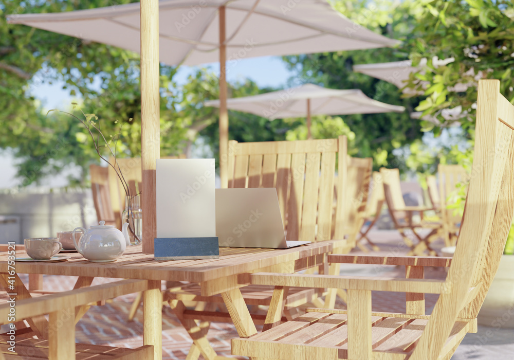 Fototapeta premium blank mockup mrnu on wooden table ouydoor. 3d rendering