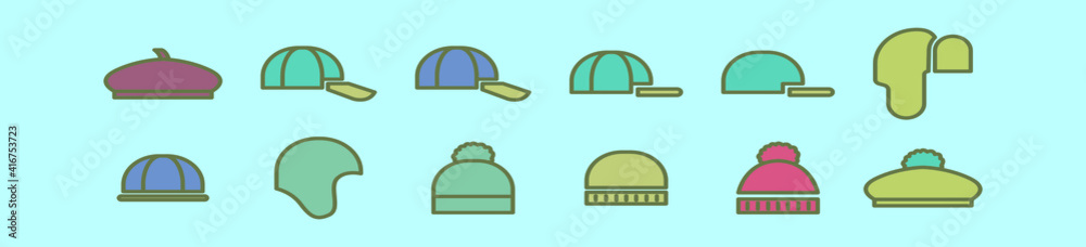 set of bonnet and hat cartoon icon design template with various models. vector illustration isolated on blue background set of bonnet and hat cartoon icon design template with various models. vector illustration isolated on blue background