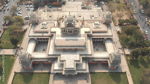 Albert Hall Museum Architecture marvellous in the center of Jaipur, Rajasthan, India - Aerial Fly-over Tilt-down reveal photo