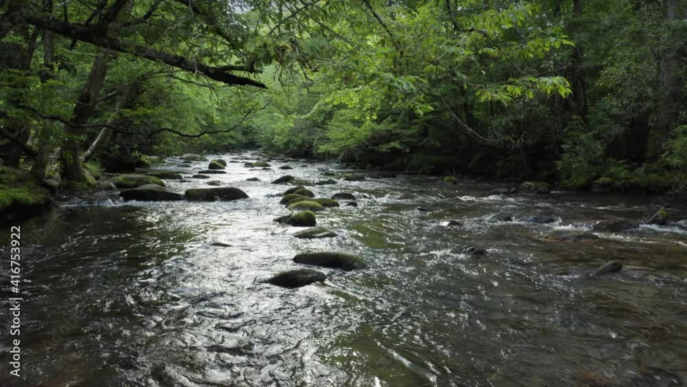 Aerial: Tranquil river and forest in the Great Smoky Mountains, Tennessee, USA Aerial: Tranquil river and forest in the Great Smoky Mountains, Tennessee, USA