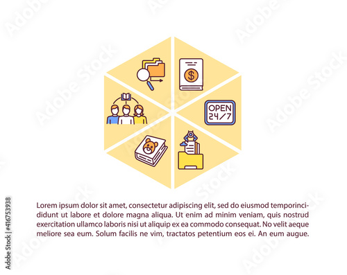 Online library benefits concept icon with text. Free acces to information. PPT page vector template. Multiple access. Brochure, magazine, booklet design element with linear illustrations