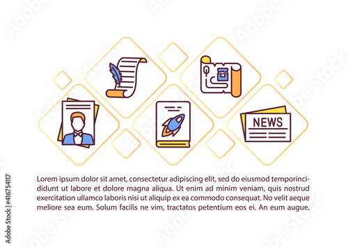Online library catalogue concept icon with text. Magazines and News. Cooking books. Comics. PPT page vector template. Brochure, magazine, booklet design element with linear illustrations