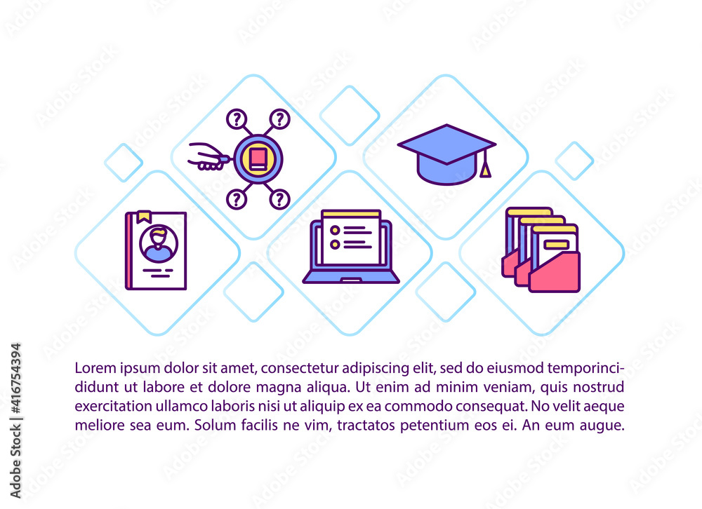 Academic research database guide concept icon with text. Online library search options. PPT page vector template. Brochure, magazine, booklet design element with linear illustrations Academic research database guide concept icon with text. Online library search options. PPT page vector template. Brochure, magazine, booklet design element with linear illustrations