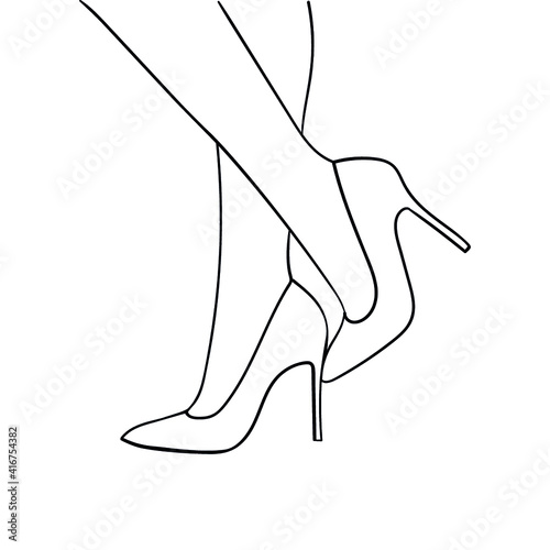 Women's feet in shoes drawn with a black line. - Vector illustration