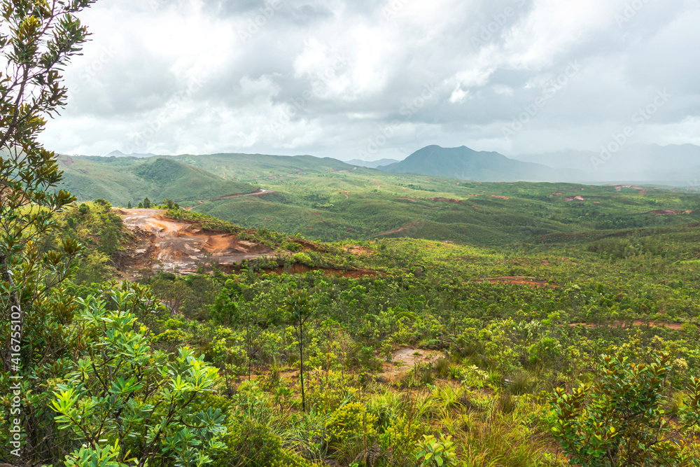 Panoramic view on lush New Caledonian forest, and a red dusty road leading to the mountains on the background.