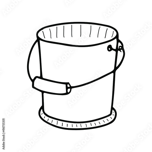 Sketch of a bucket with a handle for gardening. A useful tool. Doodle is an isolated contour element on a white background. Vector illustration.
