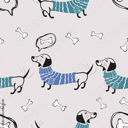 Vector dog seamless pattern. The dog is looking for a bone. Dachshund dogs. Design for printing on textiles, packaging. paper, wallpaper.