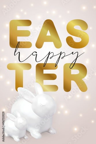 Happy Easter vertical card. Porcelain rabbit or bunny on bright backgrond. Vector illustration with 3d decorative object. Greeting card.