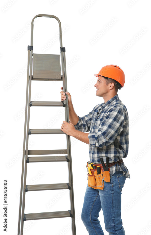 Professional builder with metal ladder on white background Professional builder with metal ladder on white background