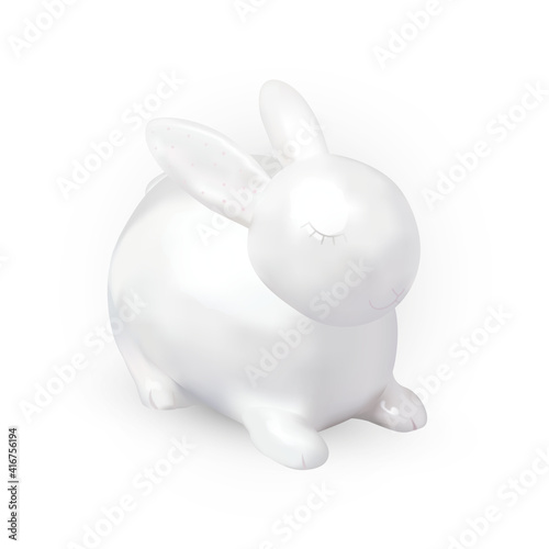 Realistic porcelein rabbit isolated on white background. Vector illustration with 3d decorative rabbit for Easter design.