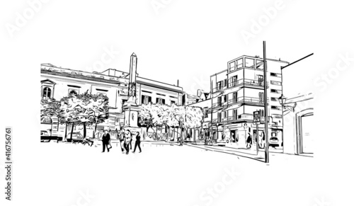 Building view with landmark of Alberobello is a town in Italy. Hand drawn sketch illustration in vector.