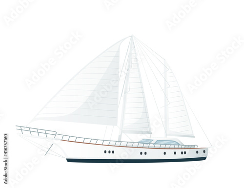 Modern motor yacht boat with sails and motors vector illustration on white background