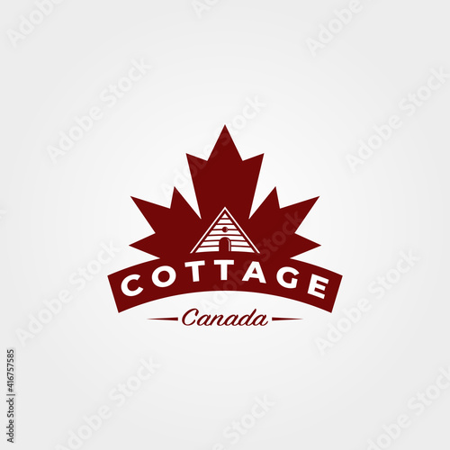 cottage with canadian maple leaf logo vintage vector illustration design
