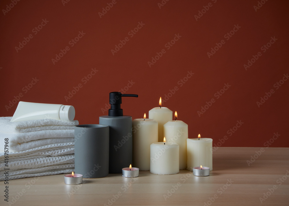Spa composition with burning aromatic candles Spa composition with burning aromatic candles