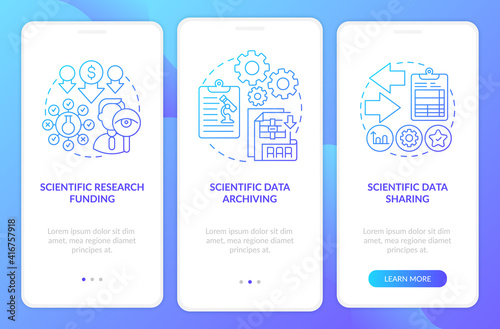Scientific research components onboarding mobile app page screen with concepts. Scientific data sharing walkthrough 5 steps graphic instructions. UI vector template with RGB color illustrations
