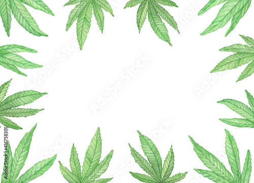 Watercolor decorative frame with big cannabis hemp leaves