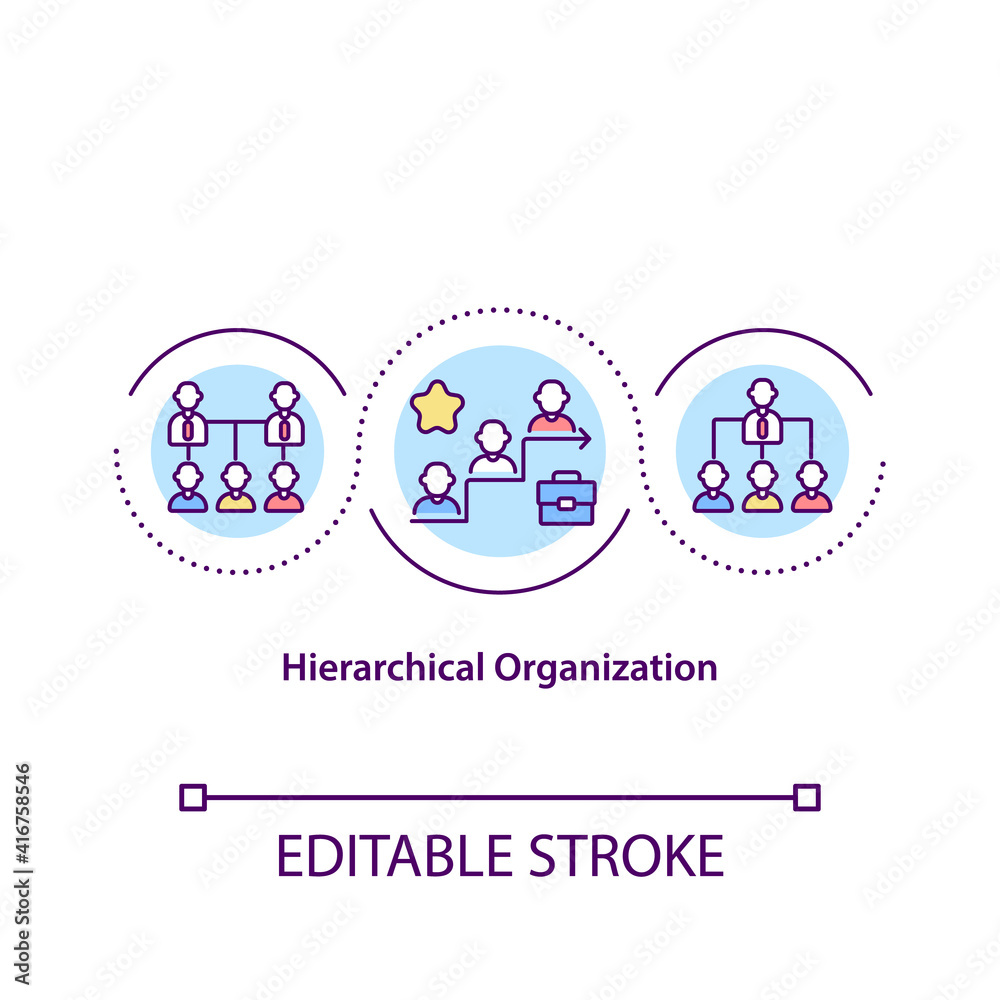 Hierarchical organization concept icon. Levels of management, power and authority idea thin line illustration. Technology and globalization. Vector isolated outline RGB color drawing. Editable stroke Hierarchical organization concept icon. Levels of management, power and authority idea thin line illustration. Technology and globalization. Vector isolated outline RGB color drawing. Editable stroke