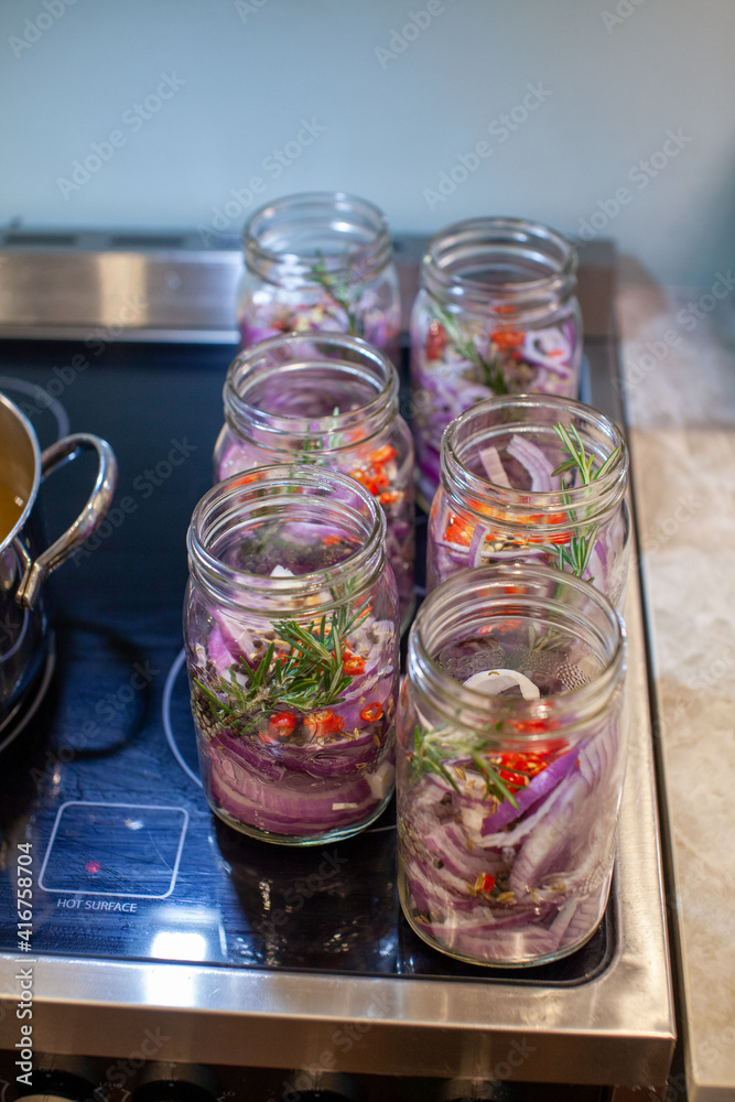 Homemade sweet and spicy pickled red onions sliced in a large mason glass jar, made with chilli peppers, garlic, pepper corns, rosemary and apple cider vinegar. Sitting on a stove top. Homemade sweet and spicy pickled red onions sliced in a large mason glass jar, made with chilli peppers, garlic, pepper corns, rosemary and apple cider vinegar. Sitting on a stove top.