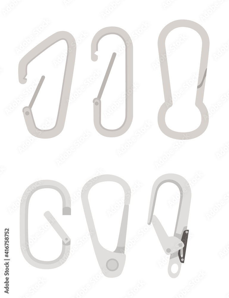 Set of metal climbing carabiners and claw clasps alpine climbing equipment flat vector illustration isolated on white background Set of metal climbing carabiners and claw clasps alpine climbing equipment flat vector illustration isolated on white background