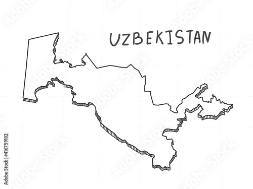 Hand Drawn of Uzbekistan, 3D Map on White Background.