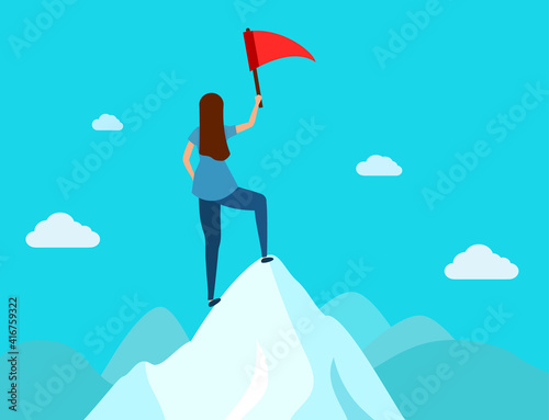 Leader holding a flag on mountain peak, Business concept of victory and success. Beautiful mountain landscape above the clouds. Vector illustration, flat style.