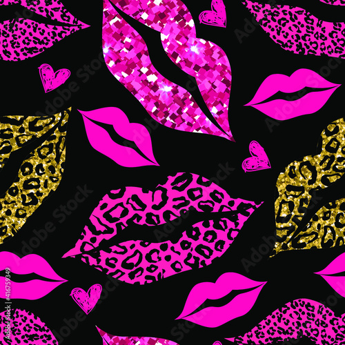Bright wild lips pattern.  Animal skin. Girlish background for textile
