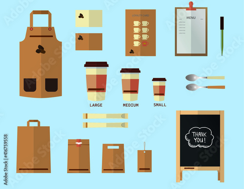 Cafe, Food basket. Vector set uniform, basket, food delivery, street menu ChalkBoard, envelope, paper bag. Coffee, Fast food package. Small, medium, large paper cup. Fashionable, trendy vector i